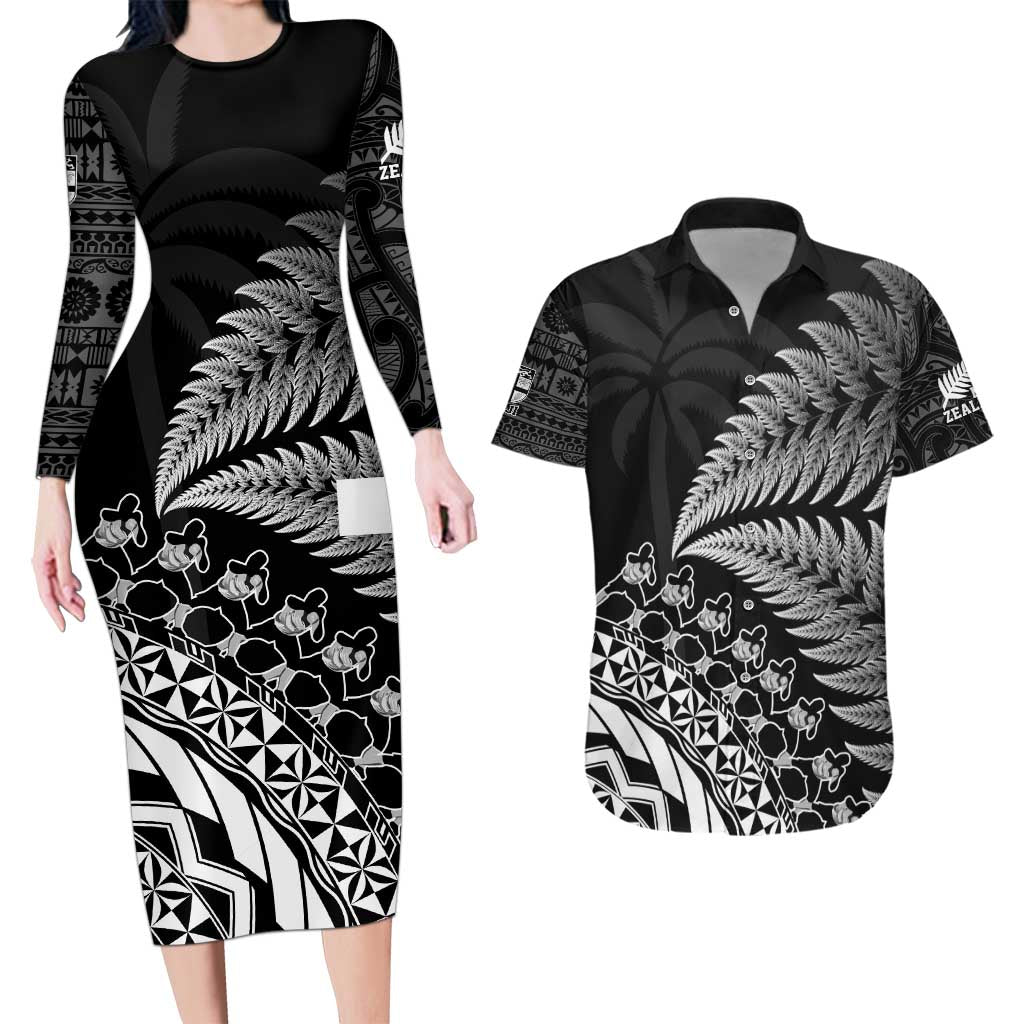 Custom Fiji New Zealand Rugby Couples Matching Long Sleeve Bodycon Dress and Hawaiian Shirt Cibi Dance with Black Fern LT9 Black - Polynesian Pride