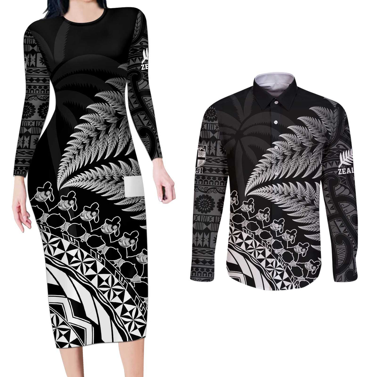 Custom Fiji New Zealand Rugby Couples Matching Long Sleeve Bodycon Dress and Long Sleeve Button Shirt Cibi Dance with Black Fern LT9 Black - Polynesian Pride