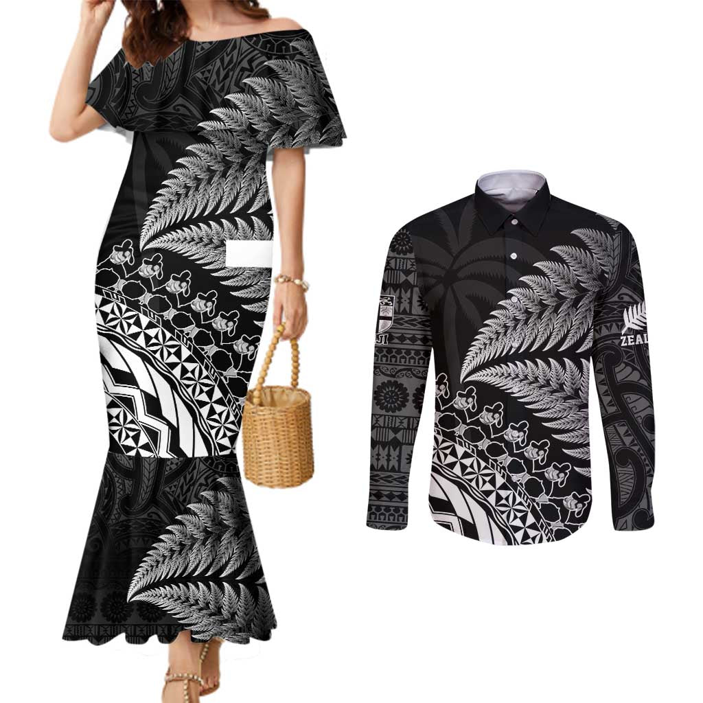 Custom Fiji New Zealand Rugby Couples Matching Mermaid Dress and Long Sleeve Button Shirt Cibi Dance with Black Fern LT9 Black - Polynesian Pride