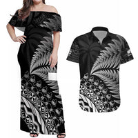Custom Fiji New Zealand Rugby Couples Matching Off Shoulder Maxi Dress and Hawaiian Shirt Cibi Dance with Black Fern LT9 Black - Polynesian Pride