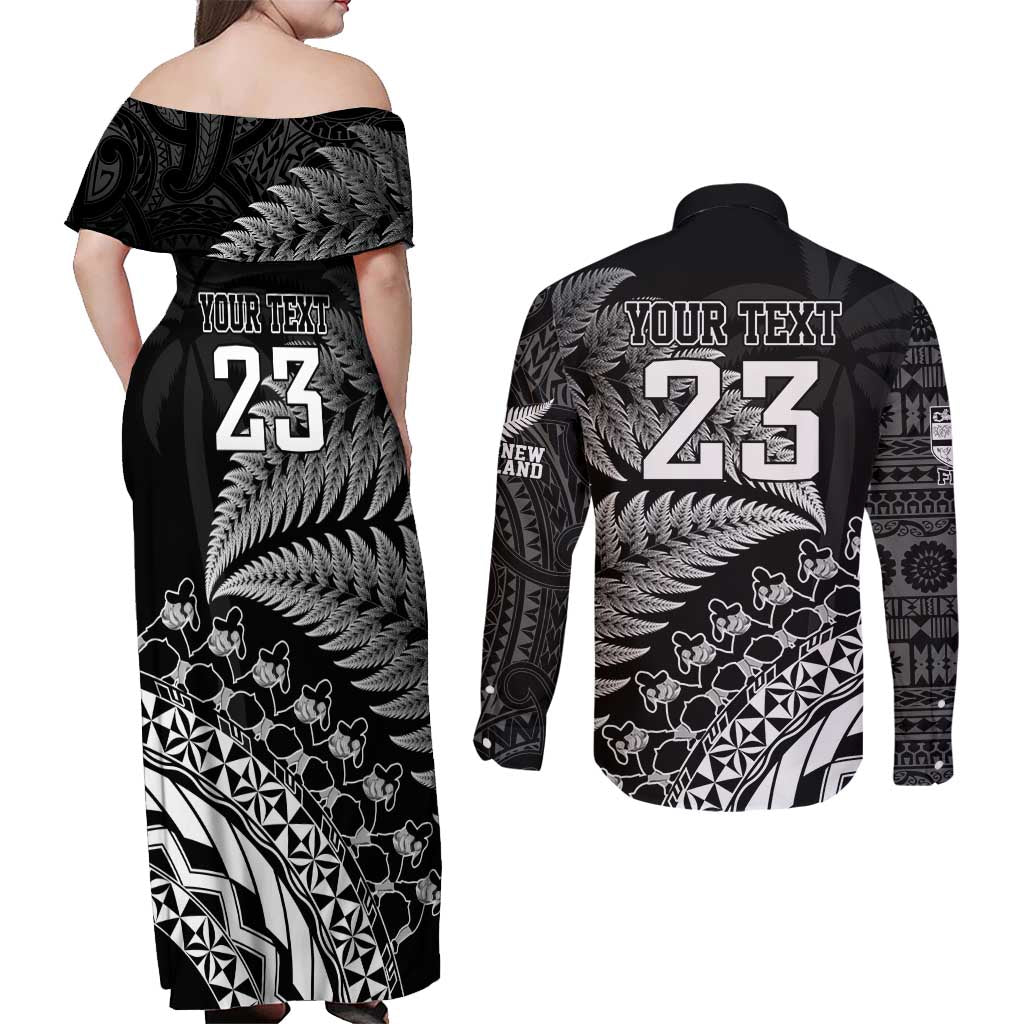 Custom Fiji New Zealand Rugby Couples Matching Off Shoulder Maxi Dress and Long Sleeve Button Shirt Cibi Dance with Black Fern LT9 - Polynesian Pride