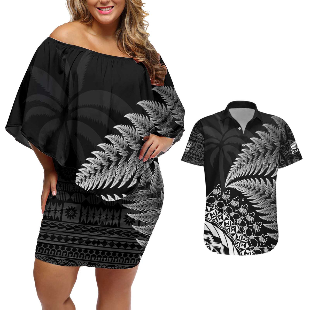 Custom Fiji New Zealand Rugby Couples Matching Off Shoulder Short Dress and Hawaiian Shirt Cibi Dance with Black Fern LT9 Black - Polynesian Pride