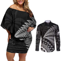 Custom Fiji New Zealand Rugby Couples Matching Off Shoulder Short Dress and Long Sleeve Button Shirt Cibi Dance with Black Fern LT9 Black - Polynesian Pride