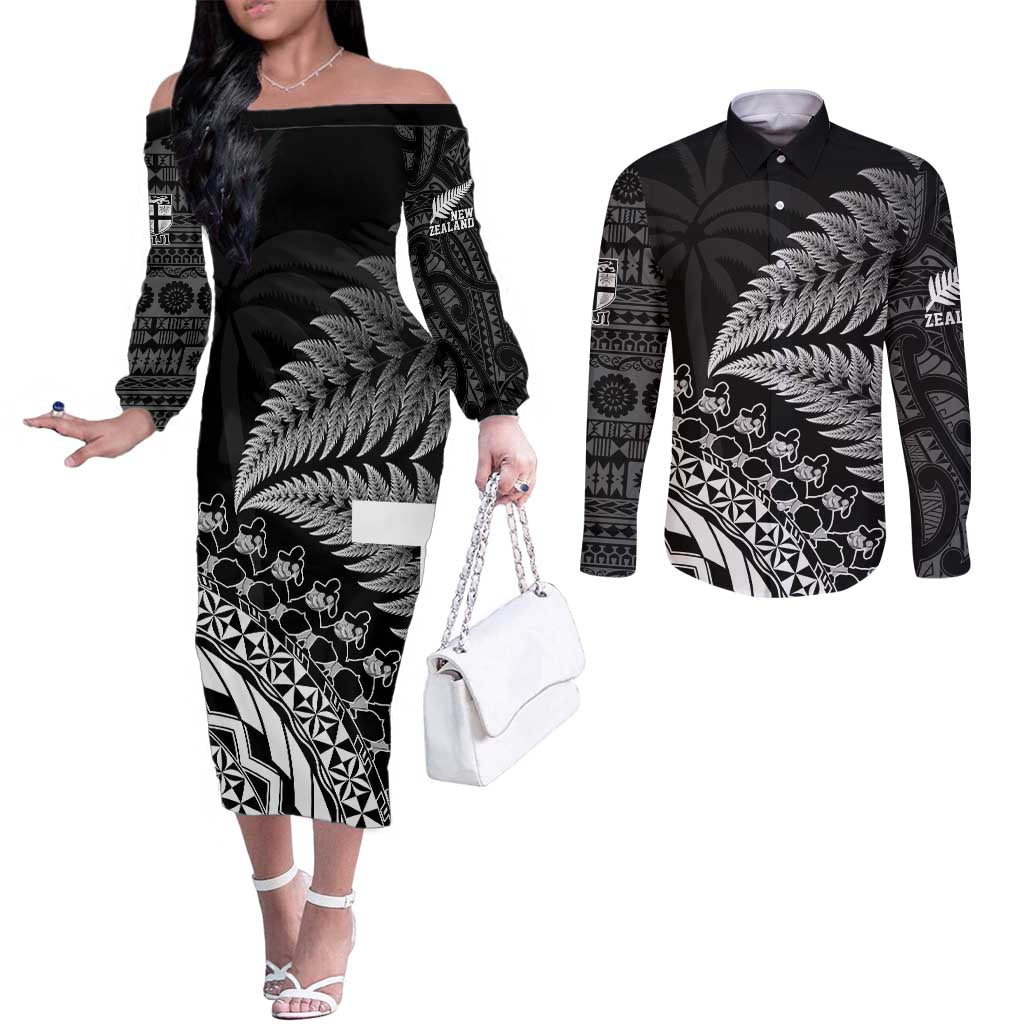 Custom Fiji New Zealand Rugby Couples Matching Off The Shoulder Long Sleeve Dress and Long Sleeve Button Shirt Cibi Dance with Black Fern LT9 Black - Polynesian Pride