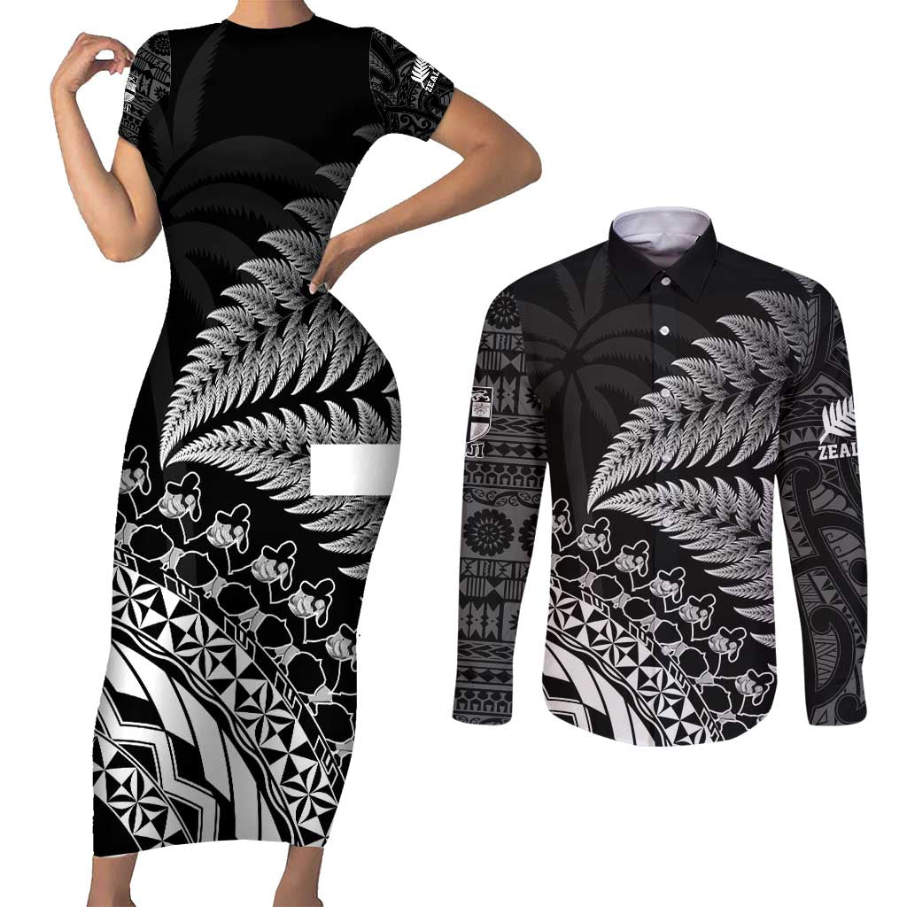 Custom Fiji New Zealand Rugby Couples Matching Short Sleeve Bodycon Dress and Long Sleeve Button Shirt Cibi Dance with Black Fern LT9 Black - Polynesian Pride