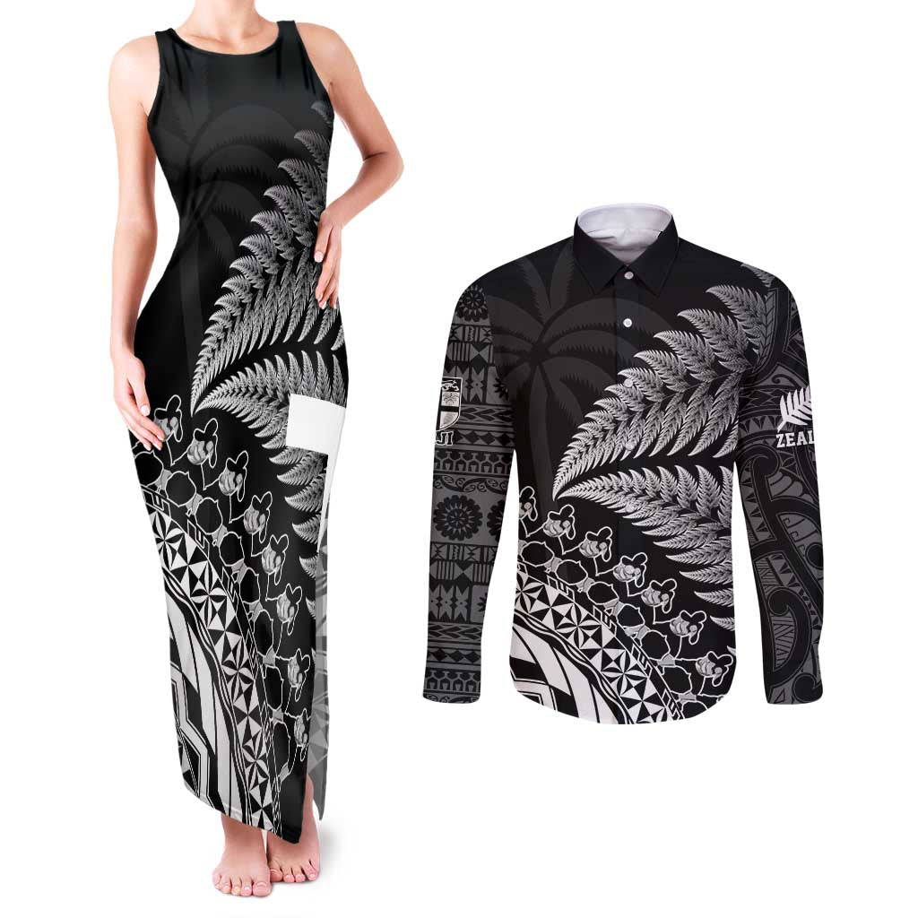 Custom Fiji New Zealand Rugby Couples Matching Tank Maxi Dress and Long Sleeve Button Shirt Cibi Dance with Black Fern LT9 Black - Polynesian Pride