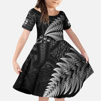 Custom Fiji New Zealand Rugby Family Matching Long Sleeve Bodycon Dress and Hawaiian Shirt Cibi Dance with Black Fern LT9 Daughter's Dress Black - Polynesian Pride