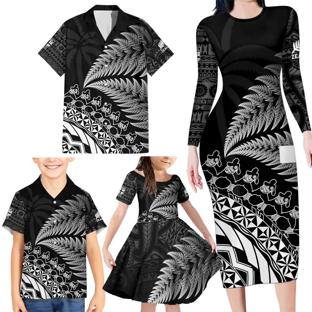 Custom Fiji New Zealand Rugby Family Matching Long Sleeve Bodycon Dress and Hawaiian Shirt Cibi Dance with Black Fern LT9 - Polynesian Pride