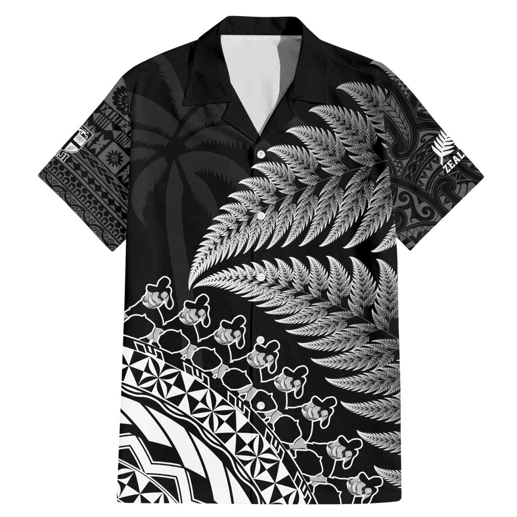 Custom Fiji New Zealand Rugby Family Matching Mermaid Dress and Hawaiian Shirt Cibi Dance with Black Fern LT9 Dad's Shirt - Short Sleeve Black - Polynesian Pride