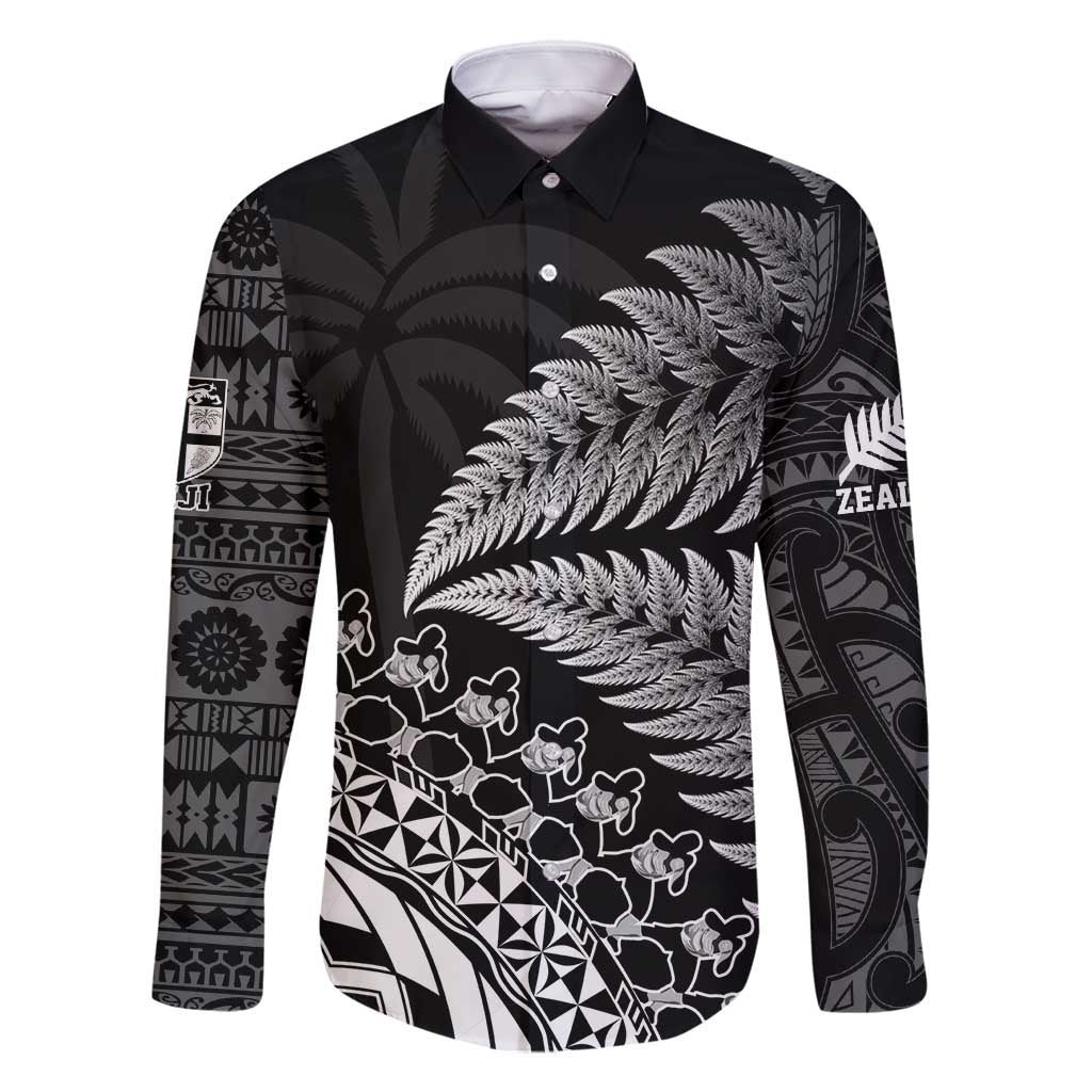 Custom Fiji New Zealand Rugby Family Matching Mermaid Dress and Hawaiian Shirt Cibi Dance with Black Fern LT9 Dad's Shirt - Long Sleeve Black - Polynesian Pride