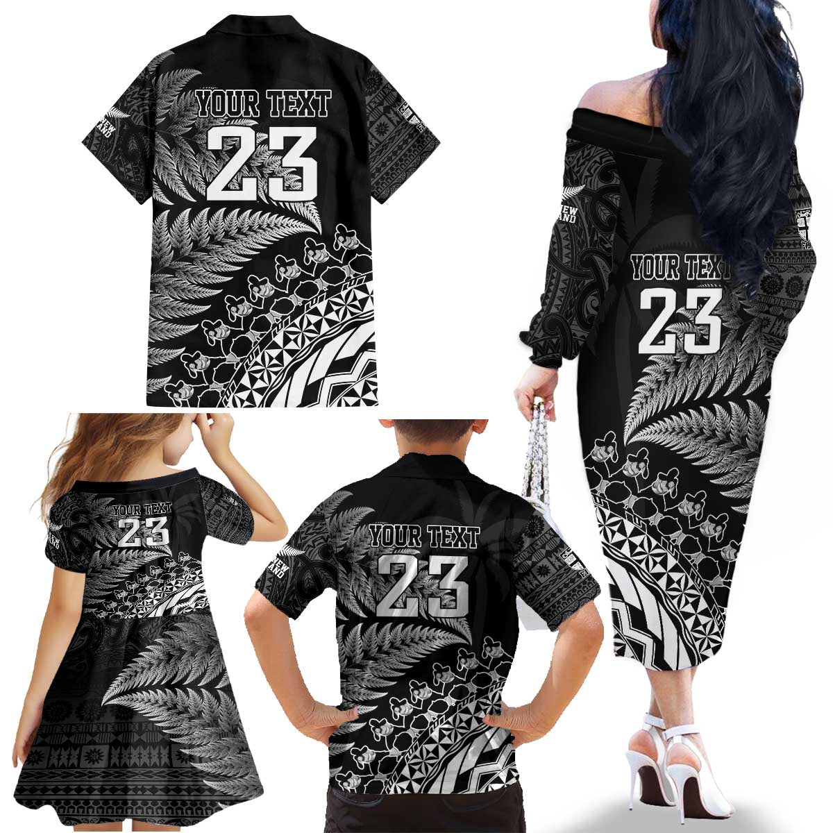 Custom Fiji New Zealand Rugby Family Matching Off The Shoulder Long Sleeve Dress and Hawaiian Shirt Cibi Dance with Black Fern LT9 - Polynesian Pride