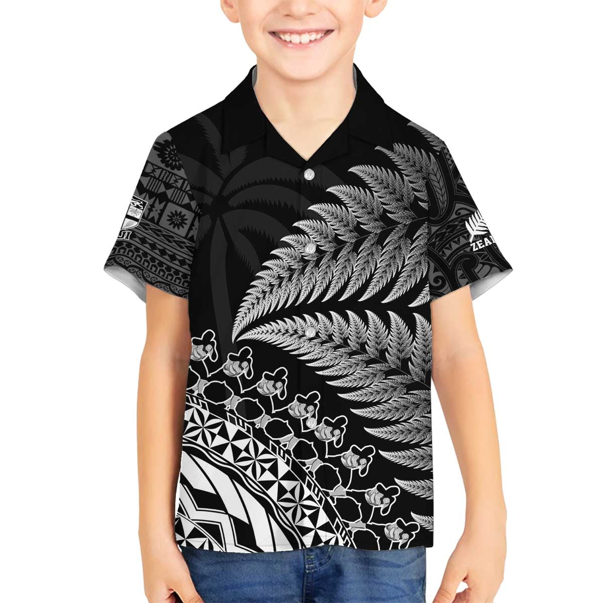 Custom Fiji New Zealand Rugby Family Matching Off The Shoulder Long Sleeve Dress and Hawaiian Shirt Cibi Dance with Black Fern LT9 Son's Shirt Black - Polynesian Pride