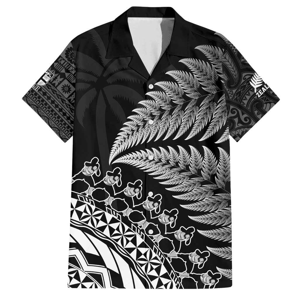 Custom Fiji New Zealand Rugby Family Matching Off Shoulder Maxi Dress and Hawaiian Shirt Cibi Dance with Black Fern LT9 Dad's Shirt - Short Sleeve Black - Polynesian Pride