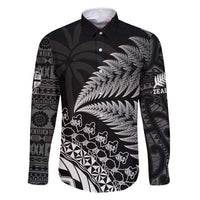 Custom Fiji New Zealand Rugby Family Matching Off Shoulder Maxi Dress and Hawaiian Shirt Cibi Dance with Black Fern LT9 Dad's Shirt - Long Sleeve Black - Polynesian Pride