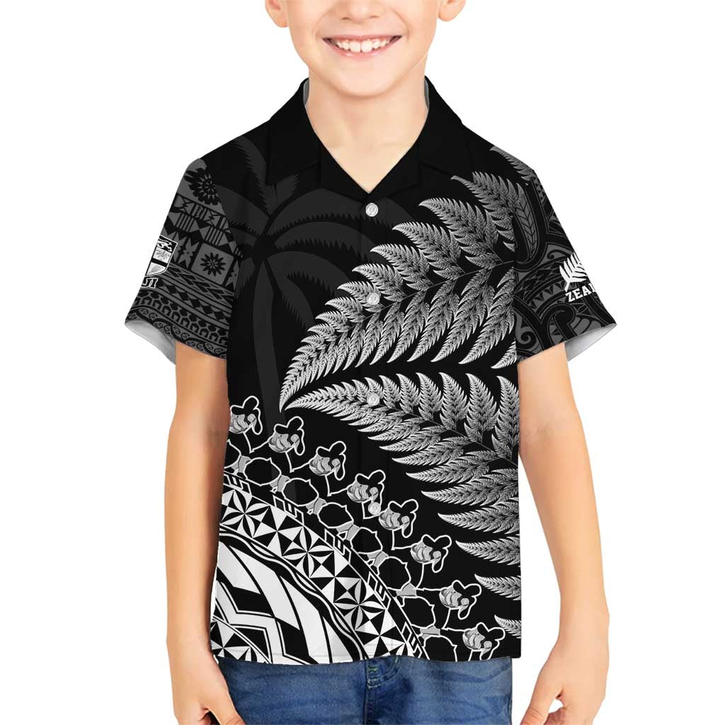 Custom Fiji New Zealand Rugby Family Matching Off Shoulder Maxi Dress and Hawaiian Shirt Cibi Dance with Black Fern LT9 Son's Shirt Black - Polynesian Pride