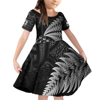 Custom Fiji New Zealand Rugby Family Matching Off Shoulder Short Dress and Hawaiian Shirt Cibi Dance with Black Fern LT9 Daughter's Dress Black - Polynesian Pride