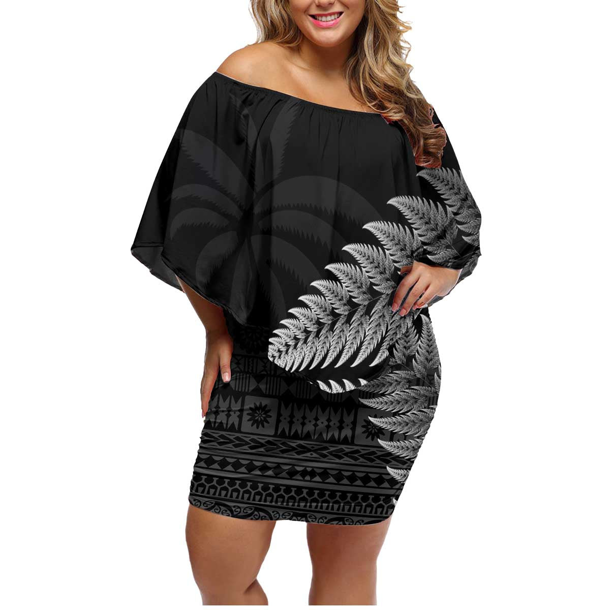 Custom Fiji New Zealand Rugby Family Matching Off Shoulder Short Dress and Hawaiian Shirt Cibi Dance with Black Fern LT9 Mom's Dress Black - Polynesian Pride
