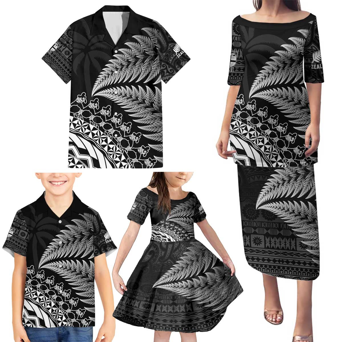 Custom Fiji New Zealand Rugby Family Matching Puletasi and Hawaiian Shirt Cibi Dance with Black Fern LT9 - Polynesian Pride