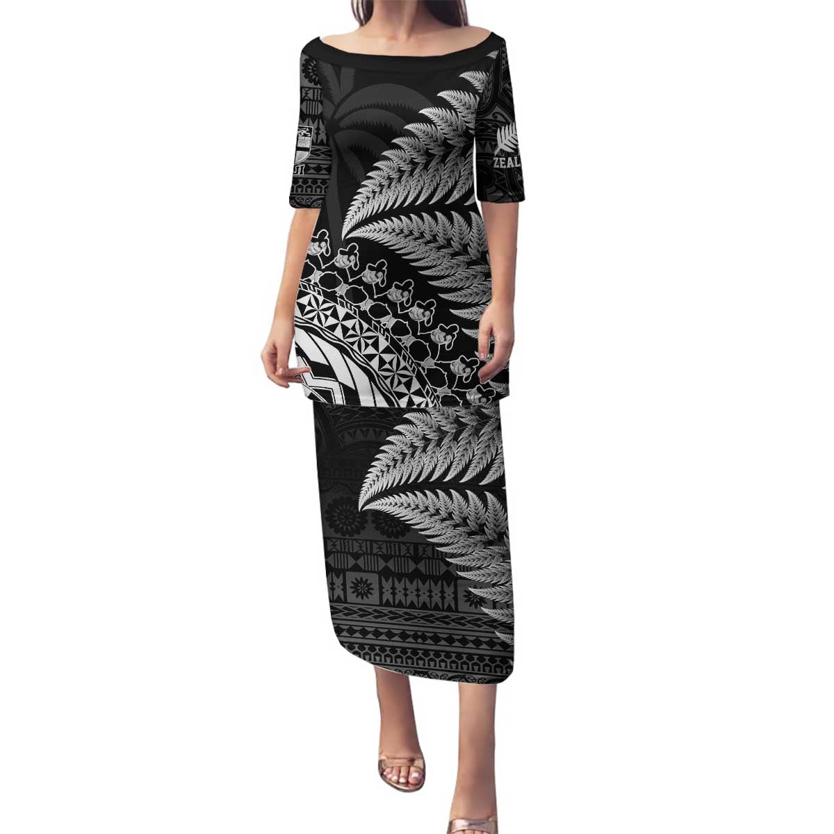 Custom Fiji New Zealand Rugby Family Matching Puletasi and Hawaiian Shirt Cibi Dance with Black Fern LT9 Mom's Dress Black - Polynesian Pride