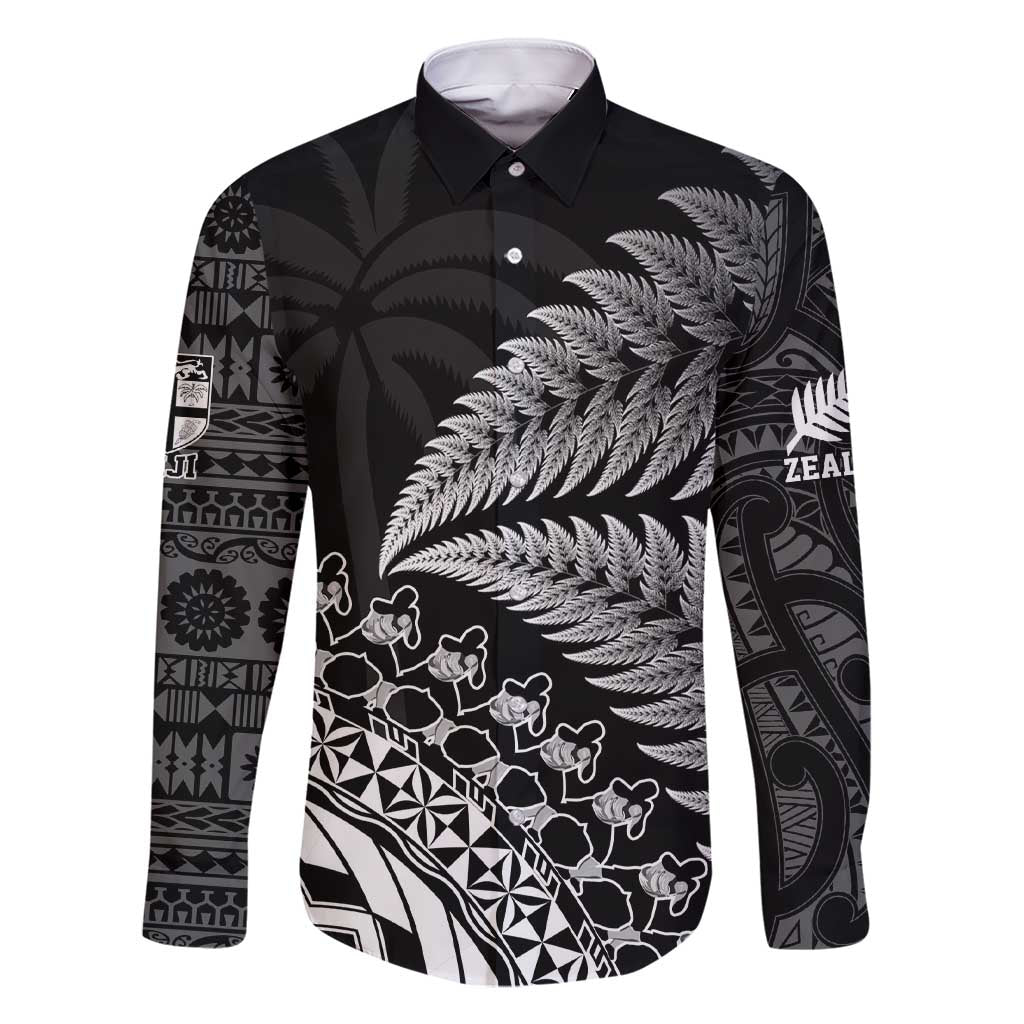 Custom Fiji New Zealand Rugby Family Matching Short Sleeve Bodycon Dress and Hawaiian Shirt Cibi Dance with Black Fern LT9 Dad's Shirt - Long Sleeve Black - Polynesian Pride