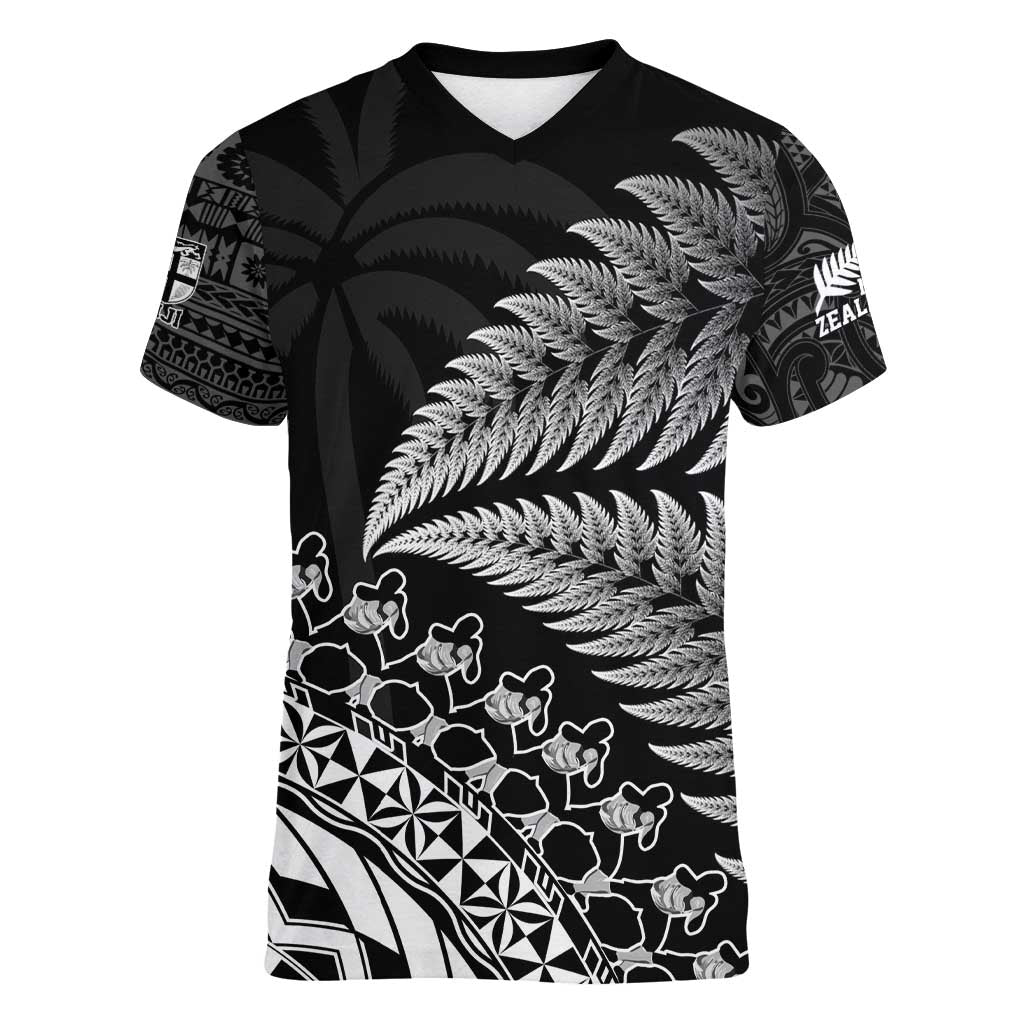 Custom Fiji New Zealand Rugby Women V-Neck T-Shirt Cibi Dance with Black Fern LT9 Female Black - Polynesian Pride