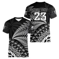 Custom Fiji New Zealand Rugby Women V-Neck T-Shirt Cibi Dance with Black Fern LT9 - Polynesian Pride