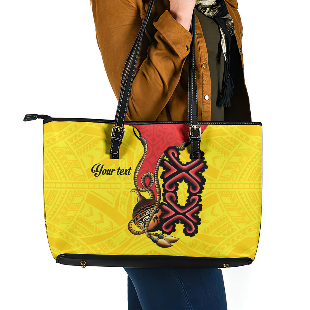 Personalised Papua New Guinea Oro Necklace Leather Tote Bag Gold Melanesia Traditional Pattern LT9 - Polynesian Pride
