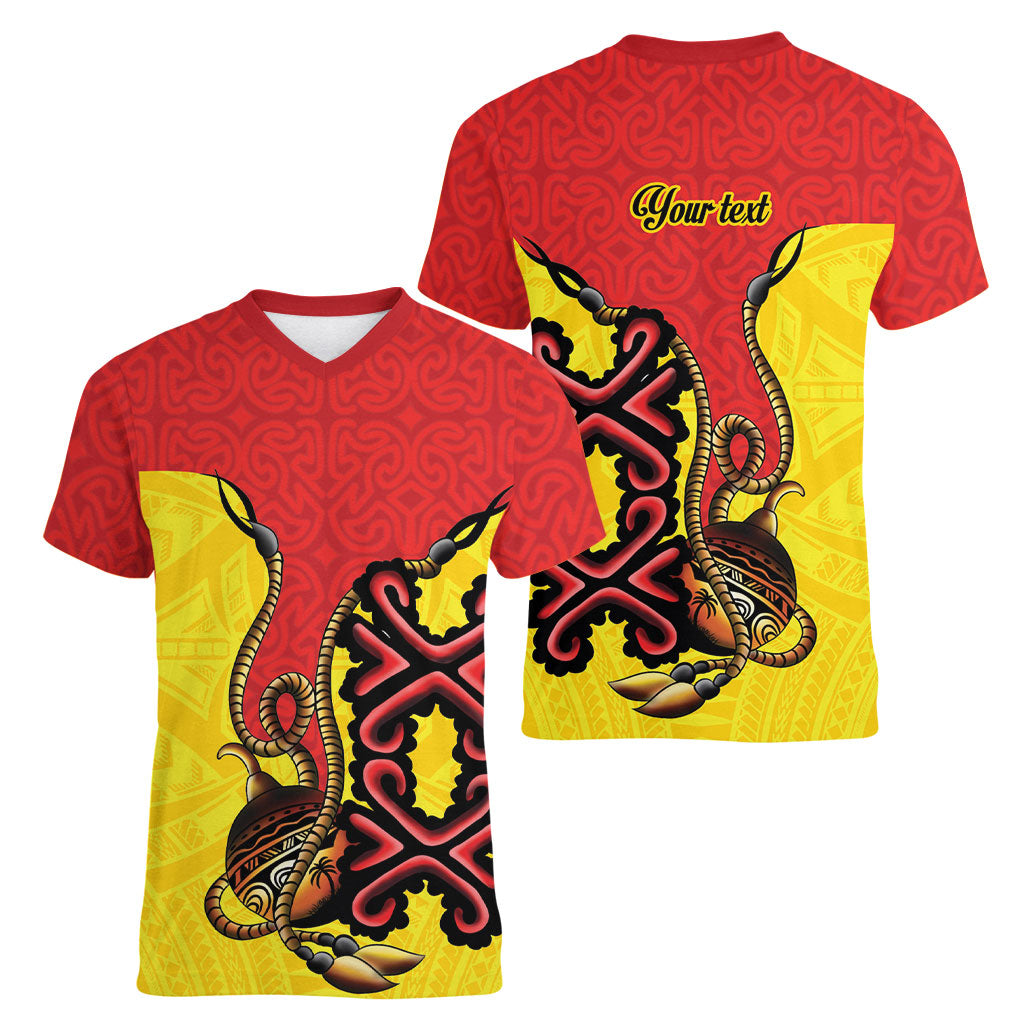 Personalised Papua New Guinea Oro Necklace Women V-Neck T-Shirt Gold Melanesia Traditional Pattern LT9 - Polynesian Pride