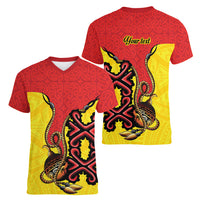 Personalised Papua New Guinea Oro Necklace Women V-Neck T-Shirt Gold Melanesia Traditional Pattern LT9 - Polynesian Pride