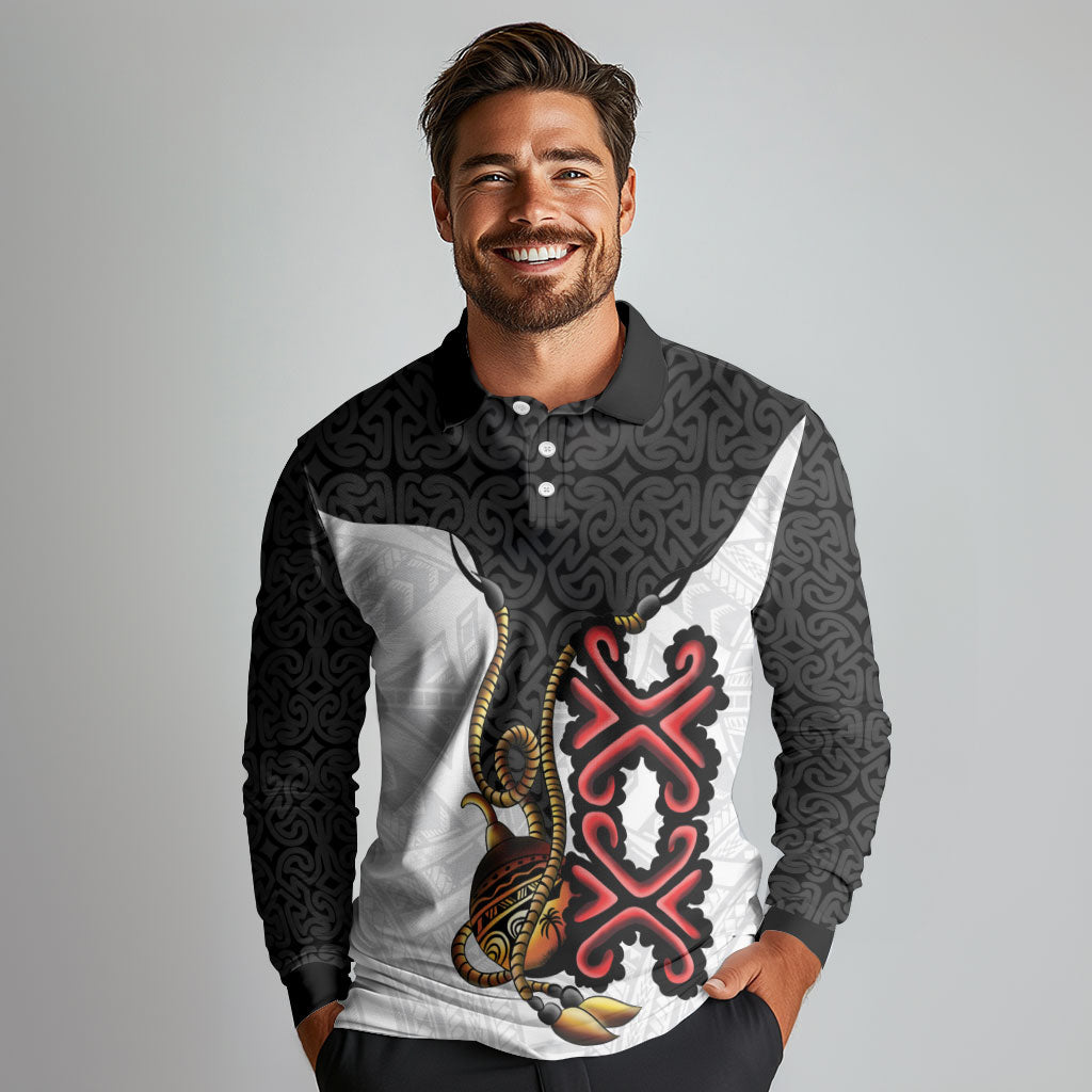 Personalised Papua New Guinea Oro Necklace Long Sleeve Polo Shirt Black Melanesia Traditional Pattern LT9 - Polynesian Pride