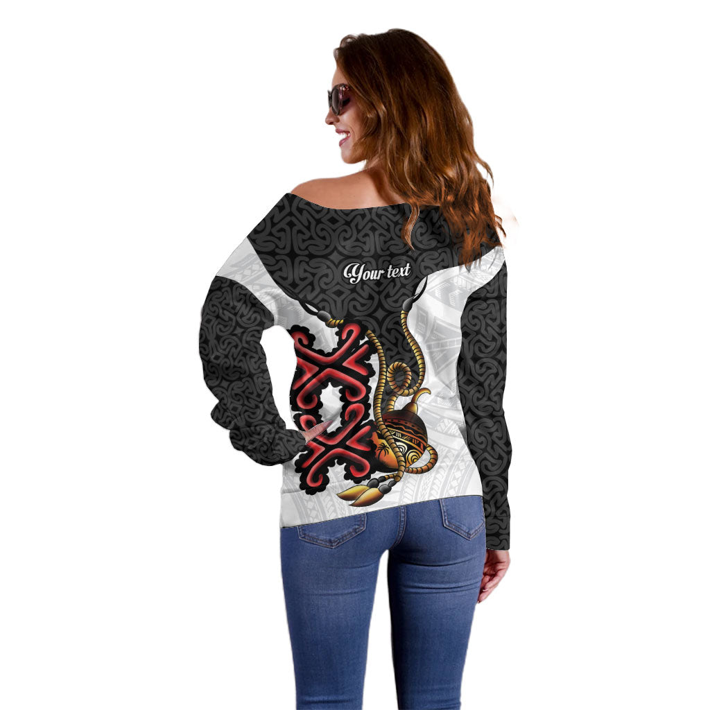 Personalised Papua New Guinea Oro Necklace Off Shoulder Sweater Black Melanesia Traditional Pattern LT9 - Polynesian Pride