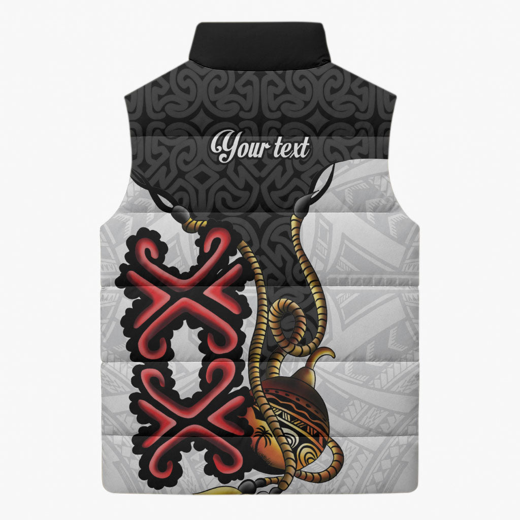 Personalised Papua New Guinea Oro Necklace Sleeveless Puffer Jacket Black Melanesia Traditional Pattern LT9 - Polynesian Pride