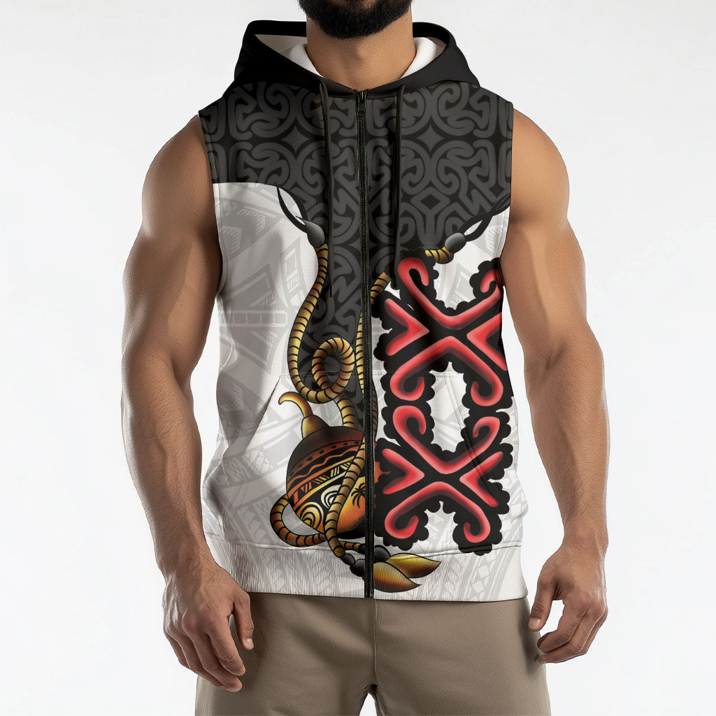Personalised Papua New Guinea Oro Necklace Sleeveless Zip Hoodie Black Melanesia Traditional Pattern LT9 - Polynesian Pride