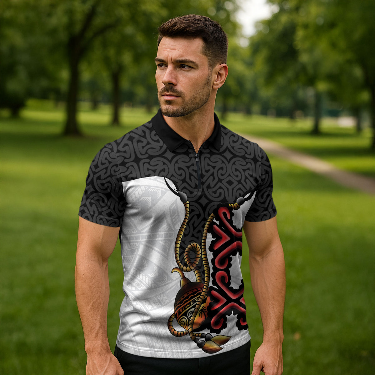 Personalised Papua New Guinea Oro Necklace Zipper Polo Shirt Black Melanesia Traditional Pattern LT9 - Polynesian Pride
