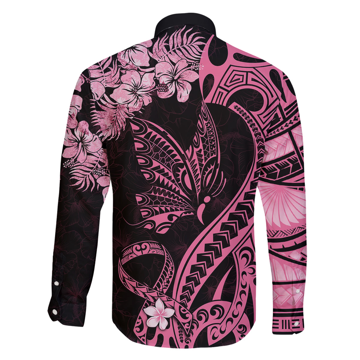 Polynesian Floral Butterfly Family Matching Off Shoulder Maxi Dress and Hawaiian Shirt Breast Cancer Pink Ribbon LT9 - Polynesian Pride