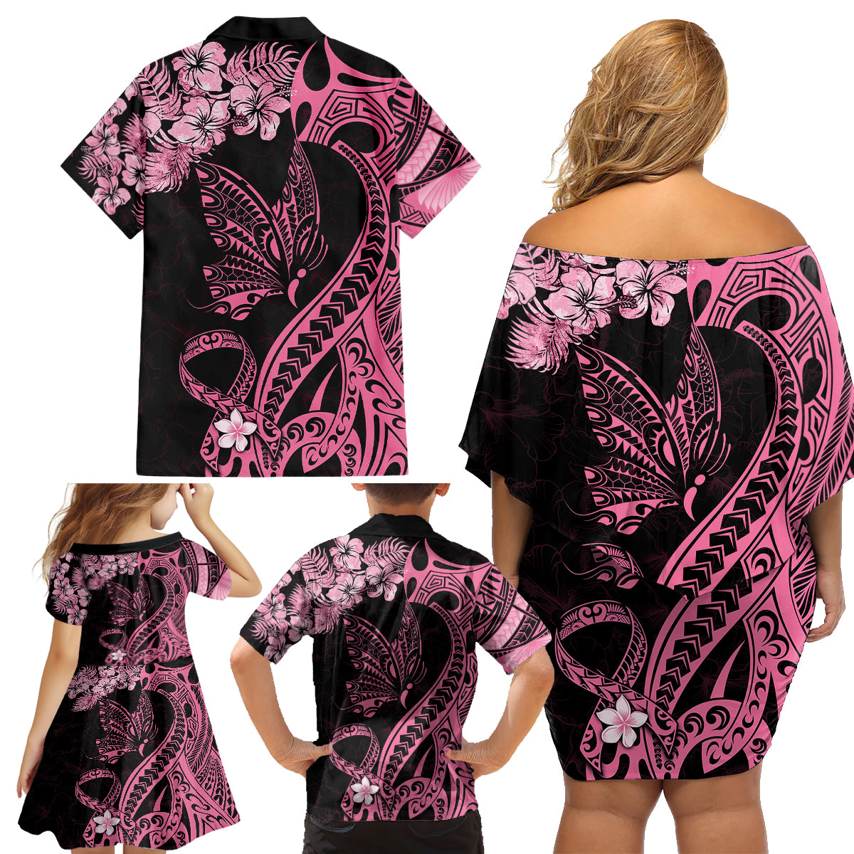 Polynesian Floral Butterfly Family Matching Off Shoulder Short Dress and Hawaiian Shirt Breast Cancer Pink Ribbon LT9 - Polynesian Pride