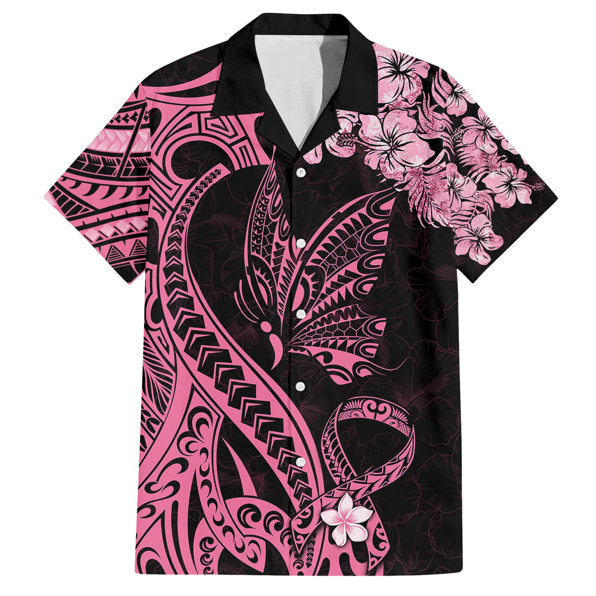 Polynesian Floral Butterfly Family Matching Tank Maxi Dress and Hawaiian Shirt Breast Cancer Pink Ribbon LT9 Dad's Shirt - Short Sleeve Pink - Polynesian Pride