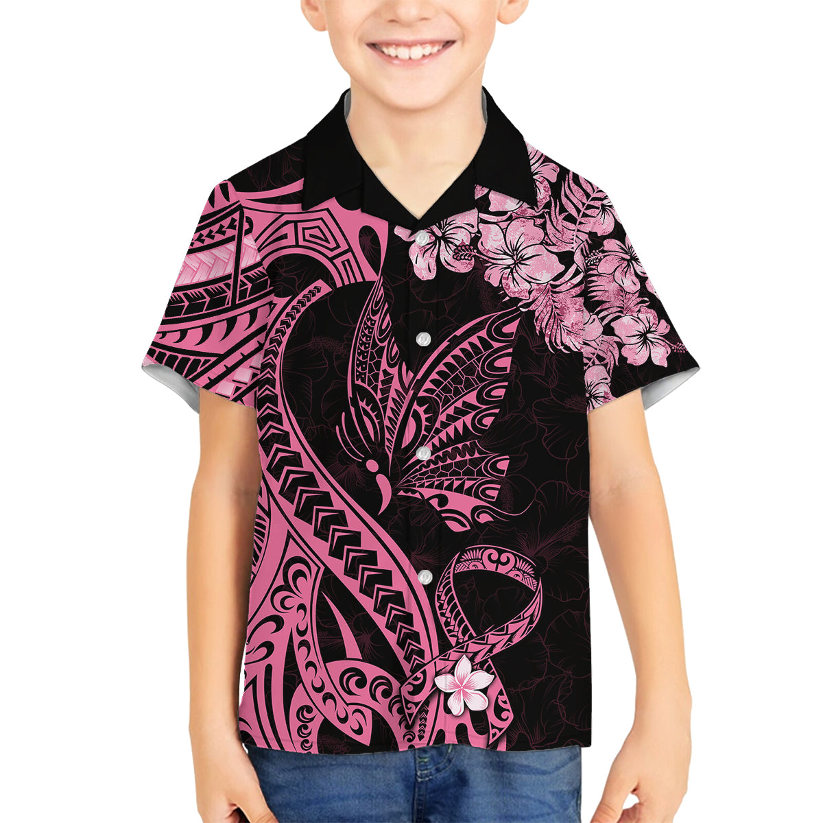 Polynesian Floral Butterfly Kid Hawaiian Shirt Breast Cancer Pink Ribbon LT9 - Polynesian Pride