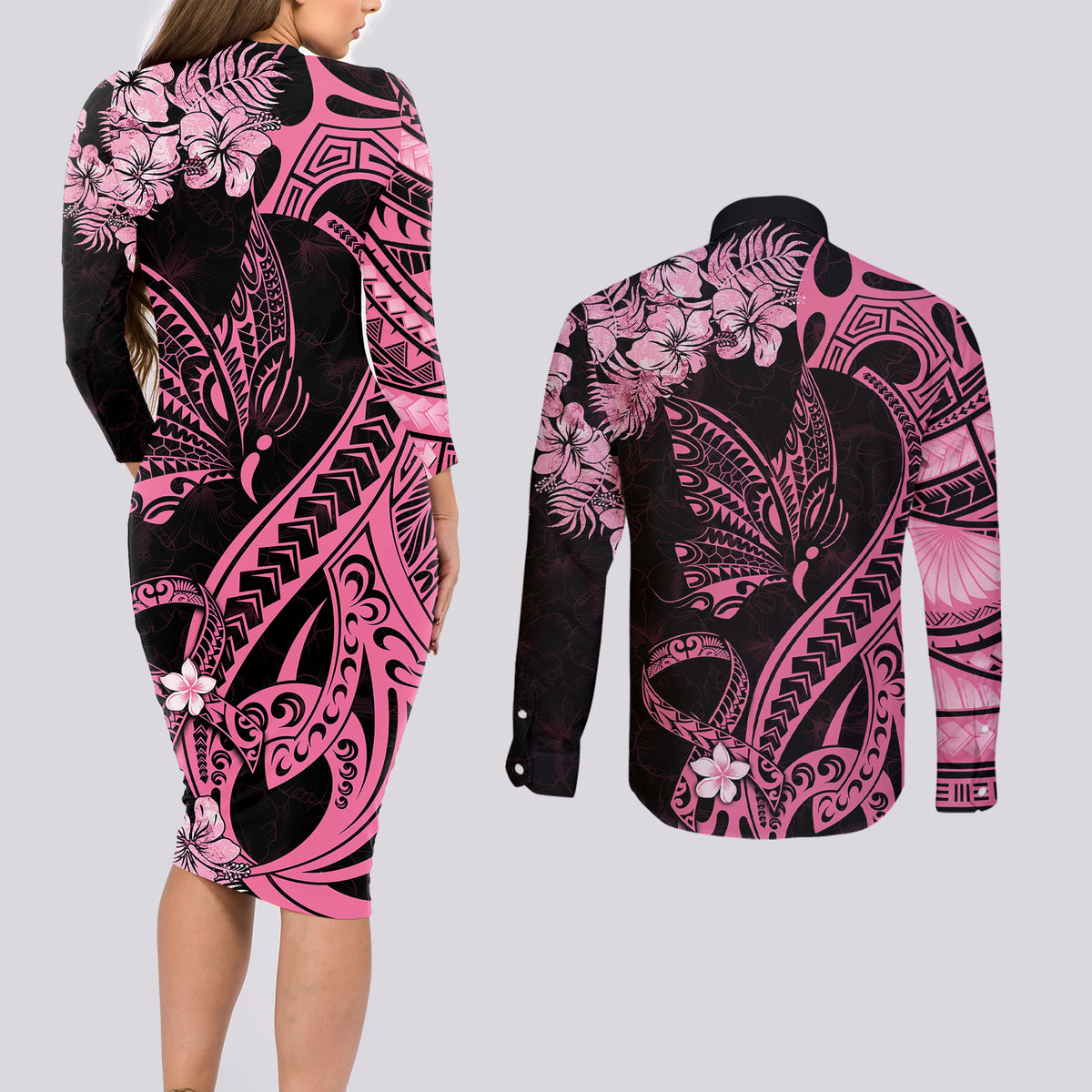 Personalised Polynesian Floral Butterfly Couples Matching Long Sleeve Bodycon Dress and Long Sleeve Button Shirts Breast Cancer Pink Ribbon LT9 - Polynesian Pride
