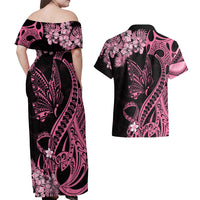 Personalised Polynesian Floral Butterfly Couples Matching Off Shoulder Maxi Dress and Hawaiian Shirt Breast Cancer Pink Ribbon LT9 - Polynesian Pride