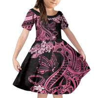 Personalised Polynesian Floral Butterfly Family Matching Long Sleeve Bodycon Dress and Hawaiian Shirt Breast Cancer Pink Ribbon LT9 Daughter's Dress Pink - Polynesian Pride