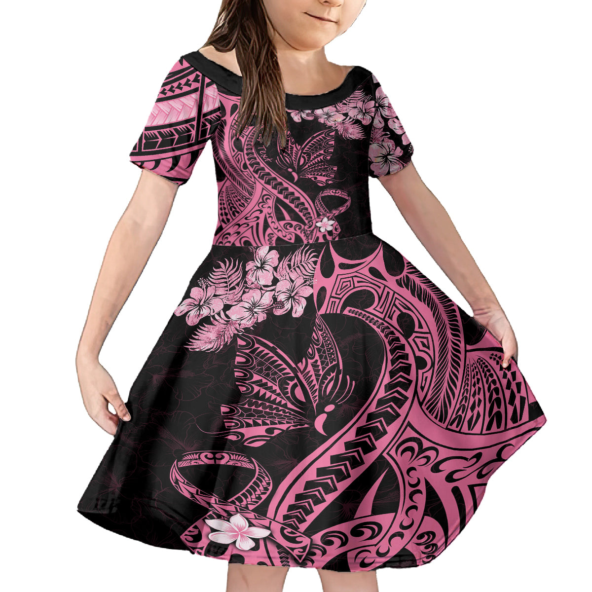 Personalised Polynesian Floral Butterfly Family Matching Off Shoulder Long Sleeve Dress and Hawaiian Shirt Breast Cancer Pink Ribbon LT9 Daughter's Dress Pink - Polynesian Pride