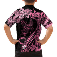 Personalised Polynesian Floral Butterfly Family Matching Off Shoulder Short Dress and Hawaiian Shirt Breast Cancer Pink Ribbon LT9 - Polynesian Pride