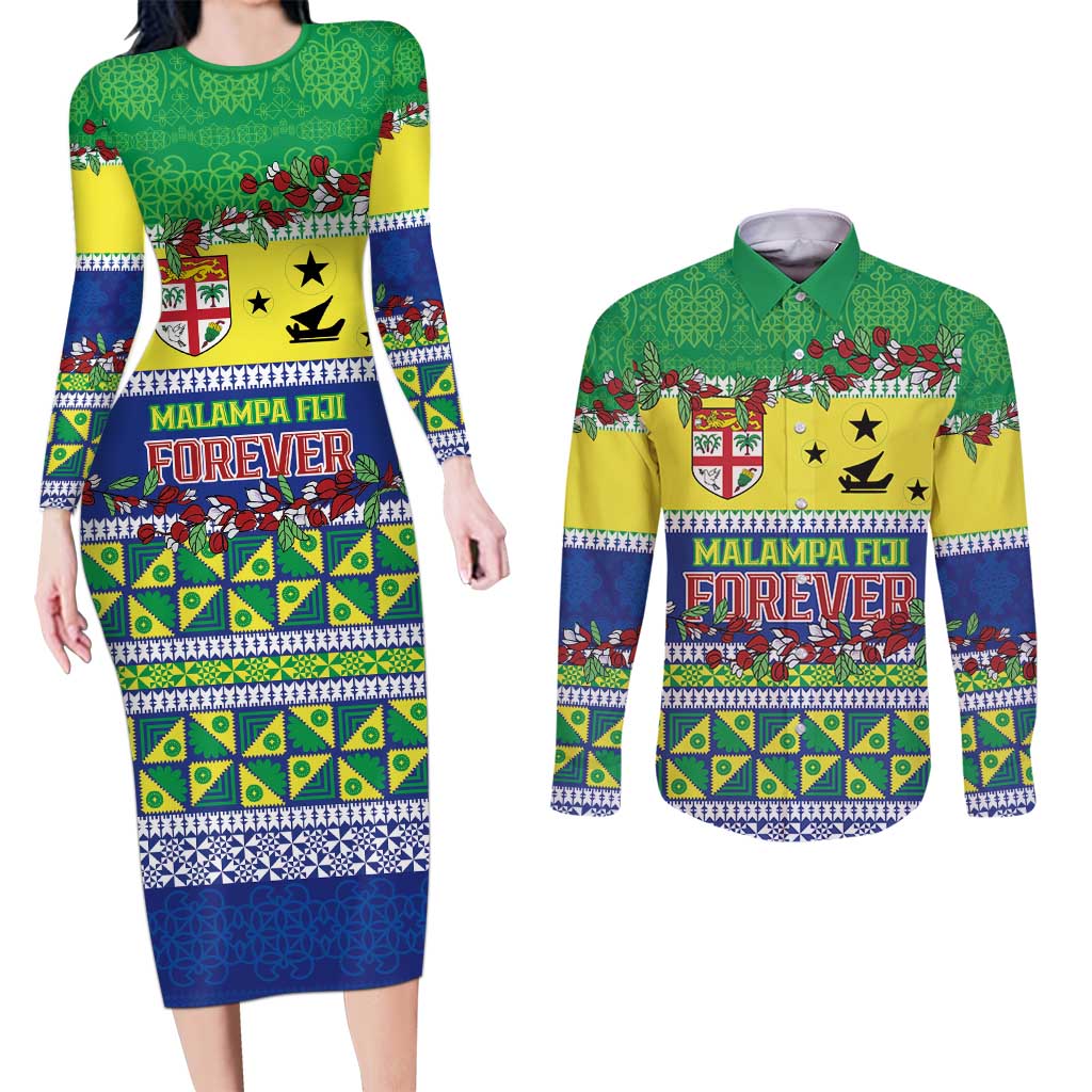 Personalised Malampa Fiji Forever Couples Matching Long Sleeve Bodycon Dress and Long Sleeve Button Shirt Tagimoucia Polynesian Sand Drawing LT9 Yellow - Polynesian Pride