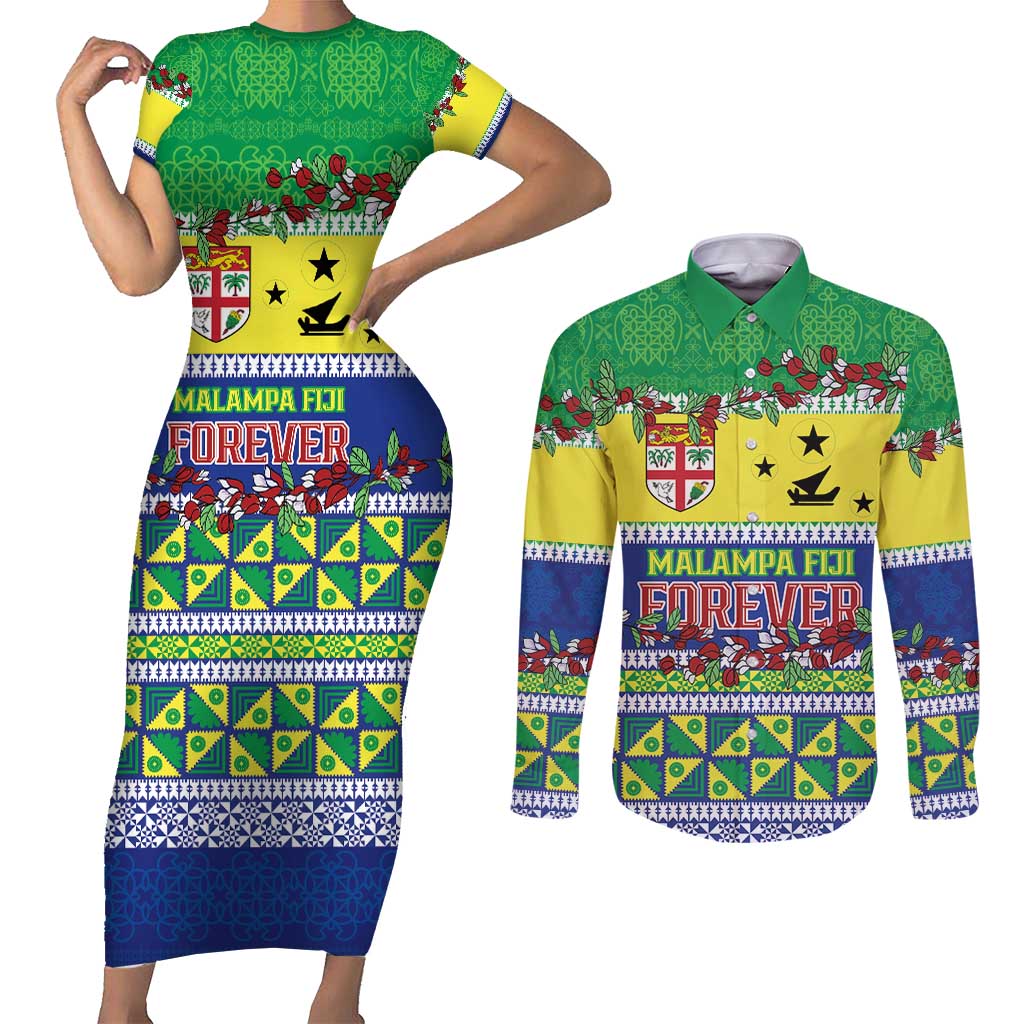 Personalised Malampa Fiji Forever Couples Matching Short Sleeve Bodycon Dress and Long Sleeve Button Shirt Tagimoucia Polynesian Sand Drawing LT9 Yellow - Polynesian Pride