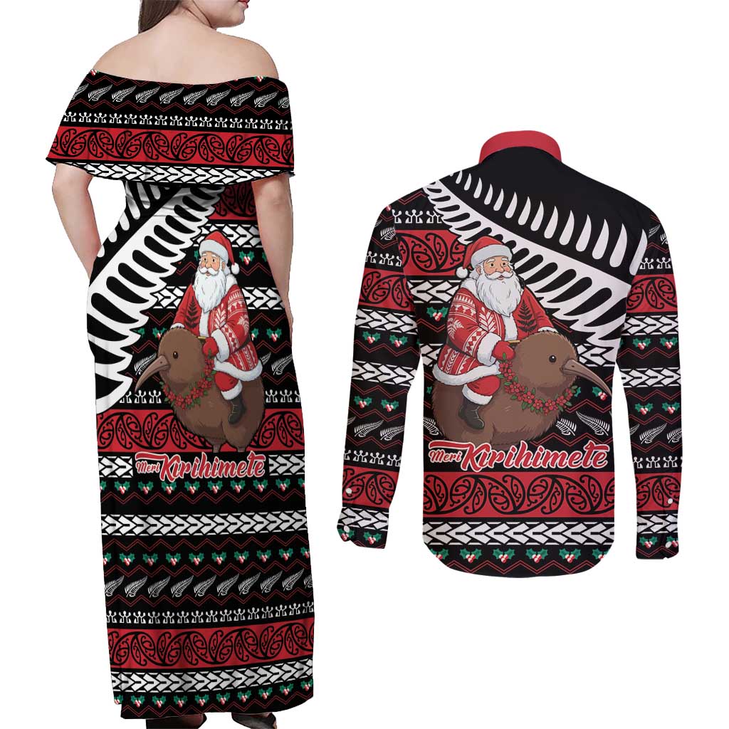 New Zealand Kiwi Santa Christmas Couples Matching Off Shoulder Maxi Dress and Long Sleeve Button Shirt He Wairua Kirihimete - Polynesian Pride