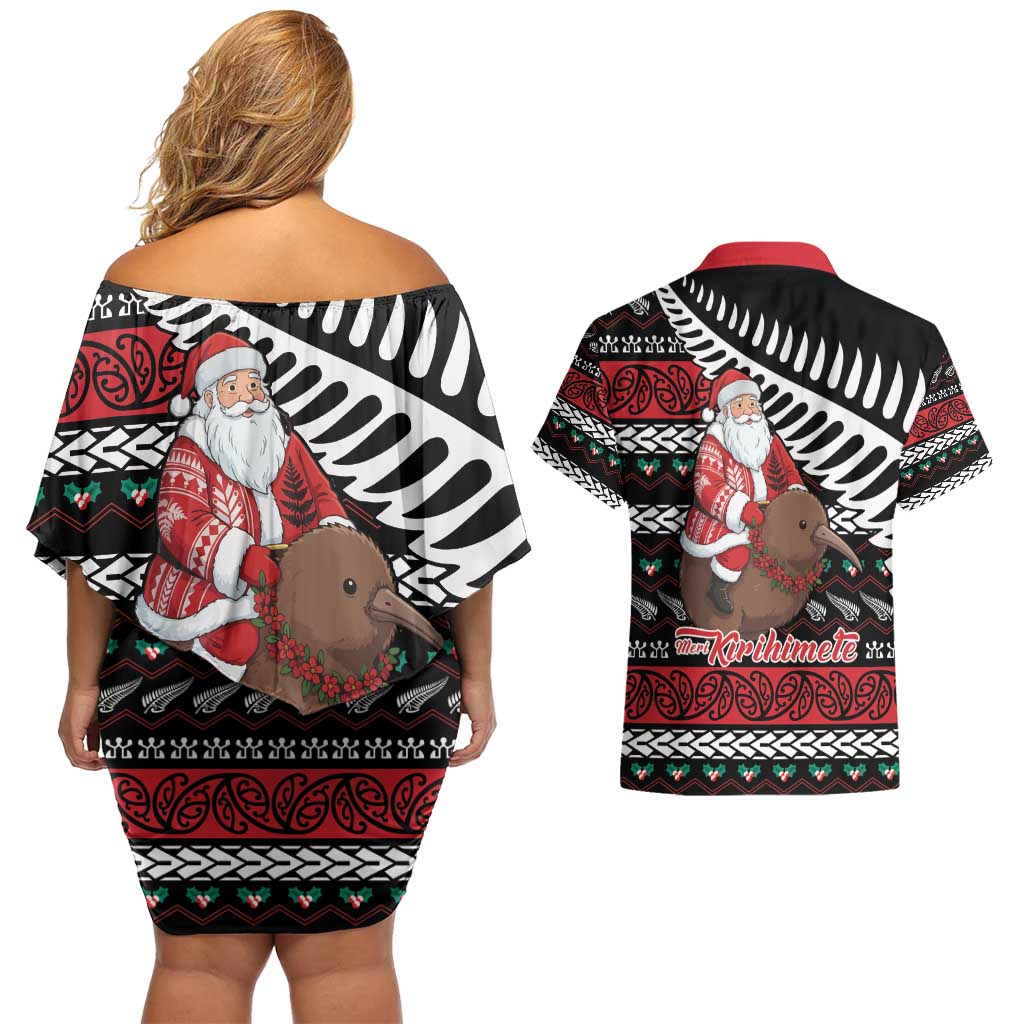 New Zealand Kiwi Santa Christmas Couples Matching Off Shoulder Short Dress and Hawaiian Shirt He Wairua Kirihimete LT9 - Polynesian Pride