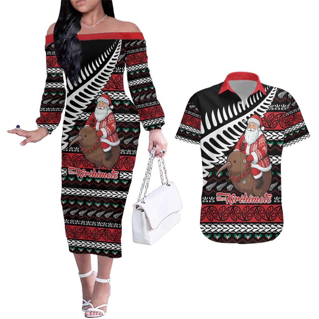 New Zealand Kiwi Santa Christmas Couples Matching Off The Shoulder Long Sleeve Dress and Hawaiian Shirt He Wairua Kirihimete - Polynesian Pride