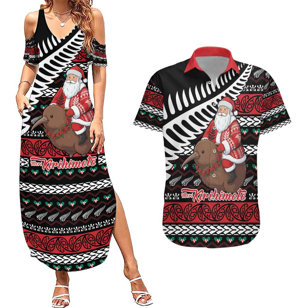 New Zealand Kiwi Santa Christmas Couples Matching Summer Maxi Dress and Hawaiian Shirt He Wairua Kirihimete - Polynesian Pride