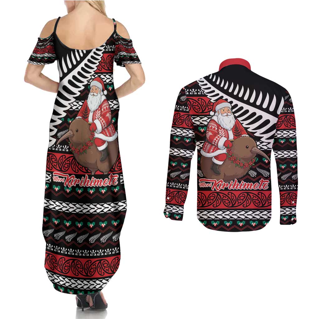 New Zealand Kiwi Santa Christmas Couples Matching Summer Maxi Dress and Long Sleeve Button Shirt He Wairua Kirihimete - Polynesian Pride